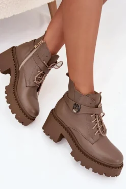 Zazoo Botki Ocieplane|Brązowe I Beżowe Botki*Skórzane Botki Damskie Na Klocku Z Ozdobnym Paskiem Ocieplane 60557 Ciemnobeżowe Beżowy