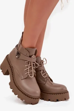 Zazoo Botki Ocieplane|Brązowe I Beżowe Botki*Skórzane Botki Damskie Na Klocku Z Ozdobnym Paskiem Ocieplane 60557 Ciemnobeżowe Beżowy