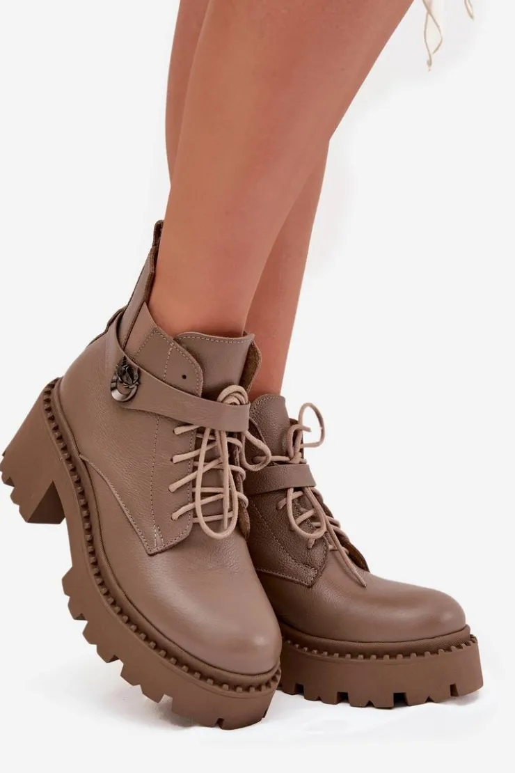 Zazoo Botki Ocieplane|Brązowe I Beżowe Botki*Skórzane Botki Damskie Na Klocku Z Ozdobnym Paskiem Ocieplane 60557 Ciemnobeżowe Beżowy