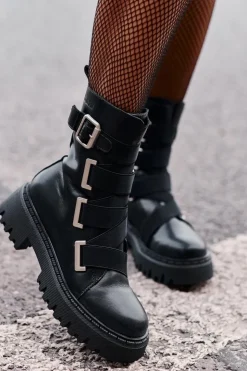 Big Star Shoes Botki Skórzane|Botki Płaskie*Skórzane Botki Damskie Ocieplane Big Star OO274A256 Czarne