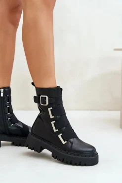 Big Star Shoes Botki Skórzane|Botki Płaskie*Skórzane Botki Damskie Ocieplane Big Star OO274A256 Czarne