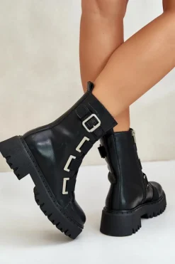 Big Star Shoes Botki Skórzane|Botki Płaskie*Skórzane Botki Damskie Ocieplane Big Star OO274A256 Czarne