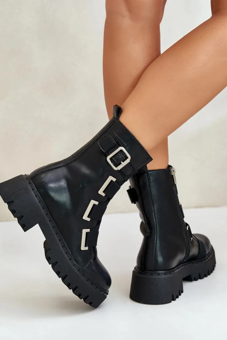 Big Star Shoes Botki Skórzane|Botki Płaskie*Skórzane Botki Damskie Ocieplane Big Star OO274A256 Czarne