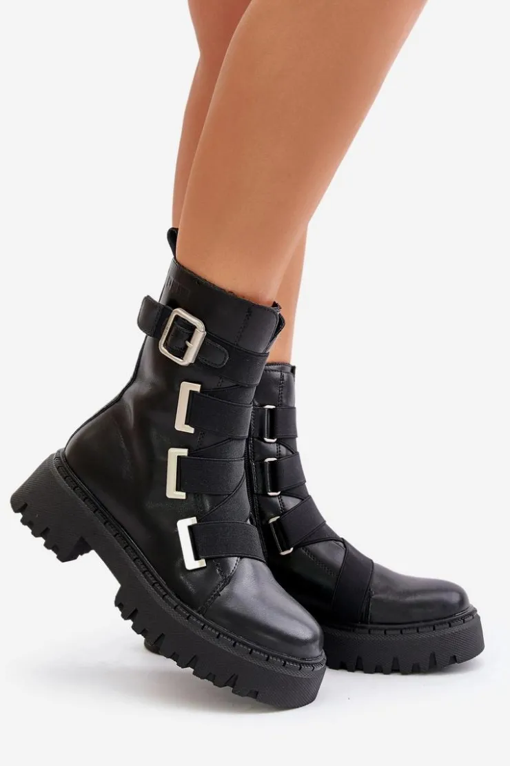 Big Star Shoes Botki Skórzane|Botki Płaskie*Skórzane Botki Damskie Ocieplane Big Star OO274A256 Czarne