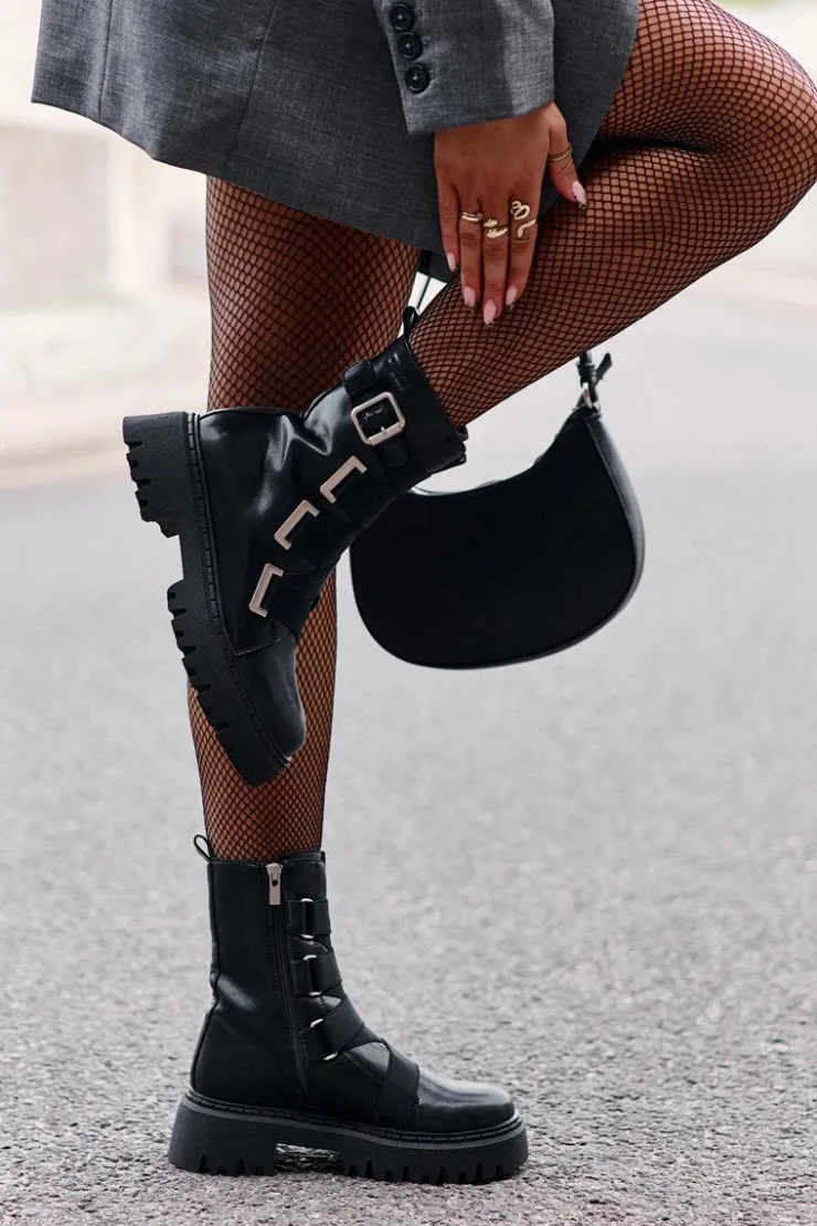 Big Star Shoes Botki Skórzane|Botki Płaskie*Skórzane Botki Damskie Ocieplane Big Star OO274A256 Czarne