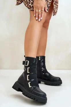 Big Star Shoes Botki Skórzane|Botki Płaskie*Skórzane Botki Damskie Ocieplane Big Star OO274A256 Czarne