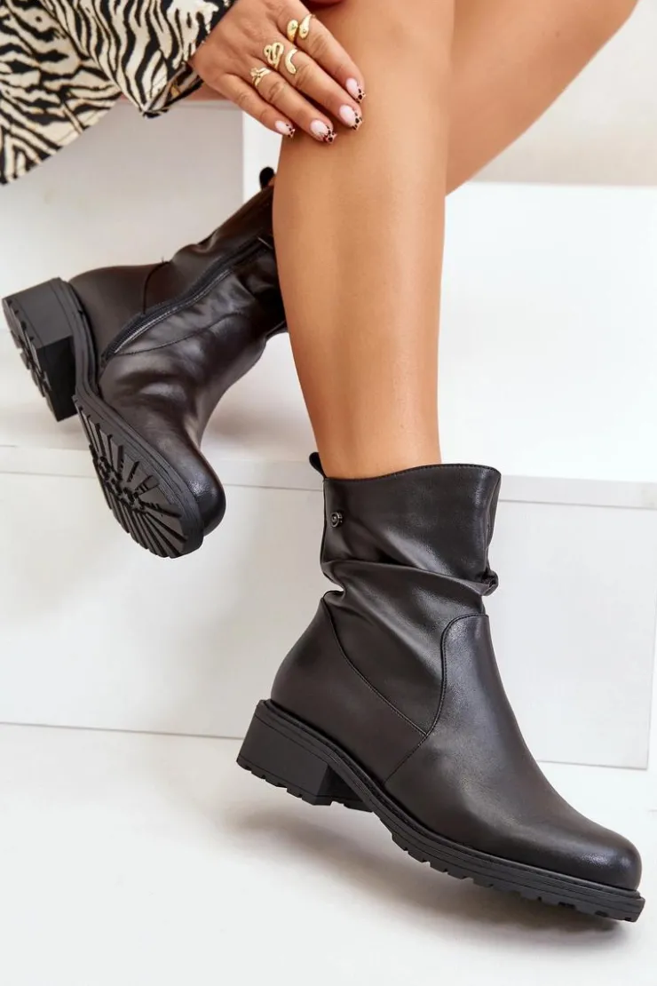 Damskie Buty damskie Vinceza Skórzane Botki Damskie Ocieplane Z Marszczeniem Czarne Vinceza 66714