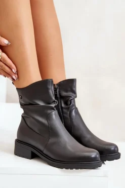 Damskie Buty damskie Vinceza Skórzane Botki Damskie Ocieplane Z Marszczeniem Czarne Vinceza 66714