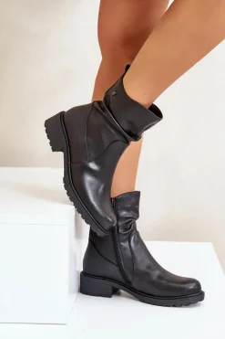 Damskie Buty damskie Vinceza Skórzane Botki Damskie Ocieplane Z Marszczeniem Czarne Vinceza 66714