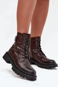 Damskie Artiker Skórzane Botki Damskie Z Efektem Marszczenia I Klamrą 57C1007 Czekoladowe