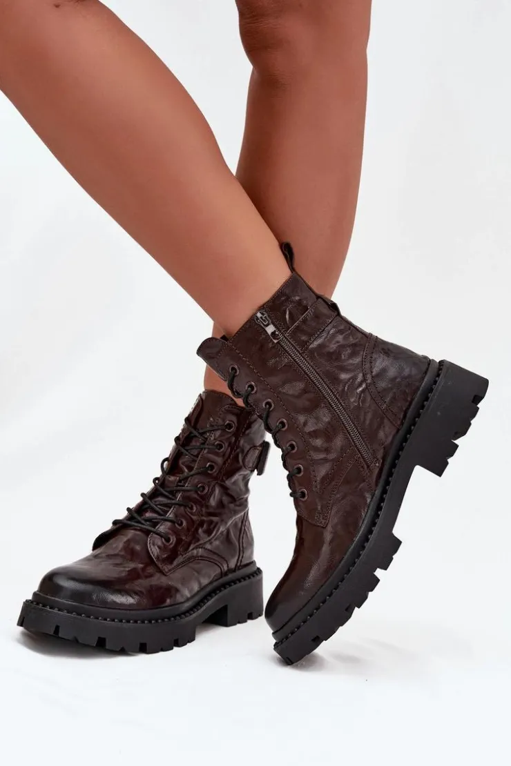 Damskie Artiker Skórzane Botki Damskie Z Efektem Marszczenia I Klamrą 57C1007 Czekoladowe