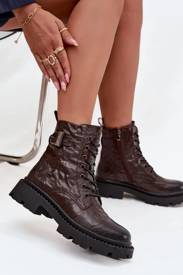 Damskie Artiker Skórzane Botki Damskie Z Efektem Marszczenia I Klamrą 57C1007 Czekoladowe