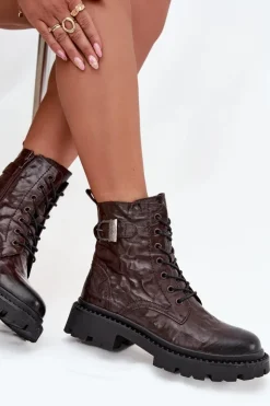 Damskie Artiker Skórzane Botki Damskie Z Efektem Marszczenia I Klamrą 57C1007 Czekoladowe