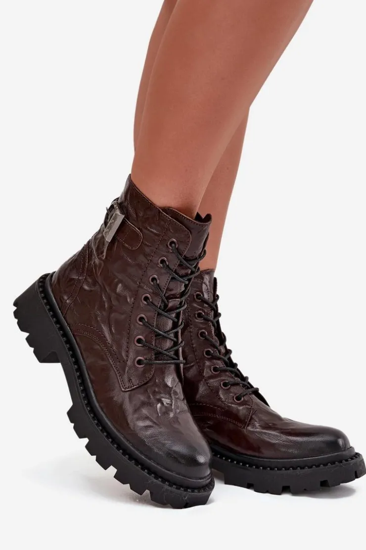 Damskie Artiker Skórzane Botki Damskie Z Efektem Marszczenia I Klamrą 57C1007 Czekoladowe