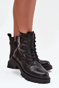 Artiker Botki Ocieplane|Botki Skórzane*Skórzane Botki Damskie Z Efektem Marszczenia I Klamrą 57C1008 Czarne Czarny