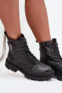 Artiker Botki Ocieplane|Botki Skórzane*Skórzane Botki Damskie Z Efektem Marszczenia I Klamrą 57C1008 Czarne Czarny