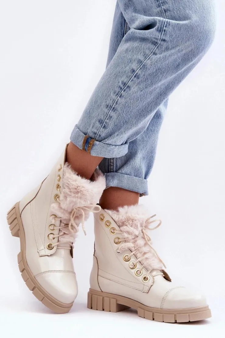 Hot Boto Skórzane Botki Damskie Z Futerkiem Jasnobeżowe Lewski 3296