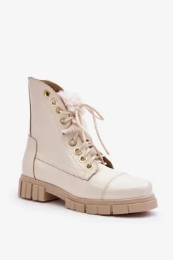 Hot Boto Skórzane Botki Damskie Z Futerkiem Jasnobeżowe Lewski 3296