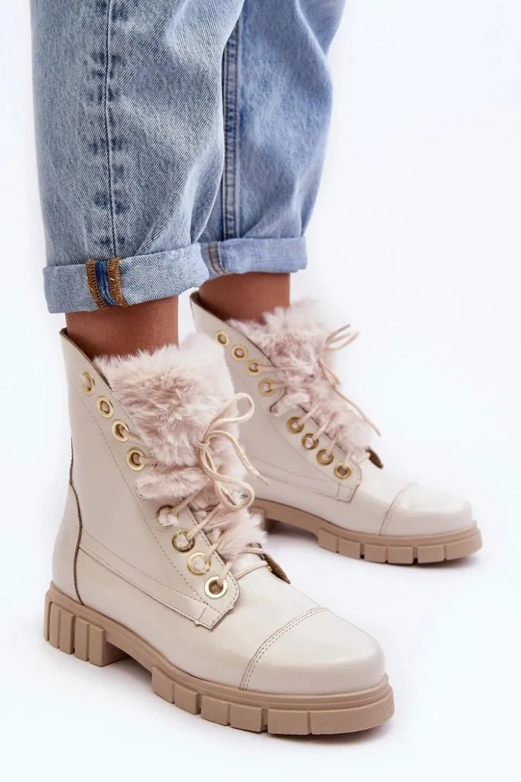 Hot Boto Skórzane Botki Damskie Z Futerkiem Jasnobeżowe Lewski 3296