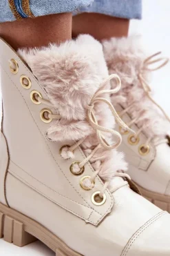 Hot Boto Skórzane Botki Damskie Z Futerkiem Jasnobeżowe Lewski 3296