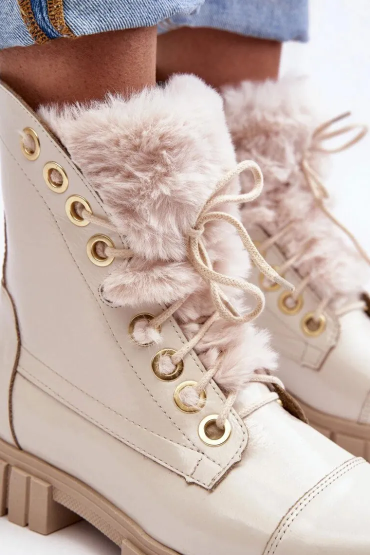 Hot Boto Skórzane Botki Damskie Z Futerkiem Jasnobeżowe Lewski 3296