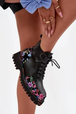 Artiker Botki Ocieplane|Botki Skórzane*Skórzane Botki Damskie Z Kwiatkami Ocieplane 57C0180 Czarne