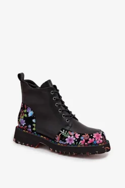 Artiker Botki Ocieplane|Botki Skórzane*Skórzane Botki Damskie Z Kwiatkami Ocieplane 57C0180 Czarne