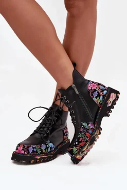 Artiker Botki Ocieplane|Botki Skórzane*Skórzane Botki Damskie Z Kwiatkami Ocieplane 57C0180 Czarne