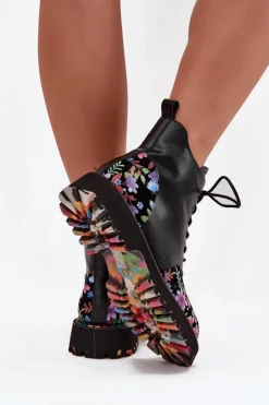 Artiker Botki Ocieplane|Botki Skórzane*Skórzane Botki Damskie Z Kwiatkami Ocieplane 57C0180 Czarne