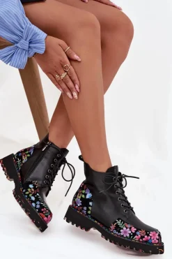 Artiker Botki Ocieplane|Botki Skórzane*Skórzane Botki Damskie Z Kwiatkami Ocieplane 57C0180 Czarne