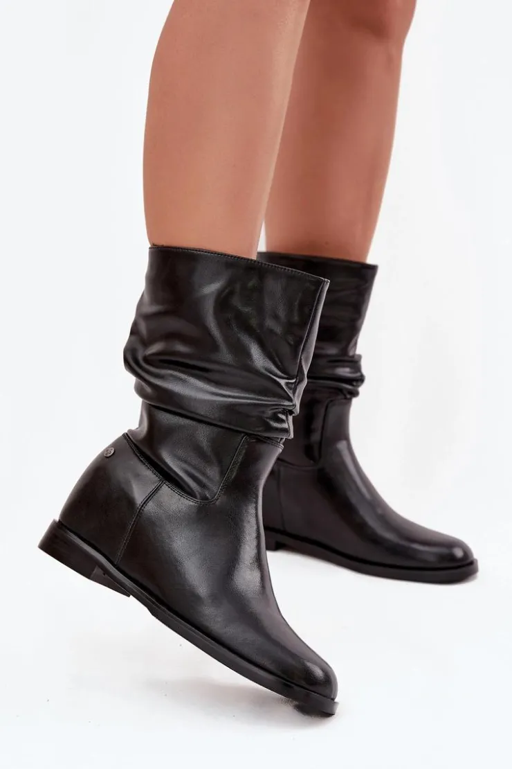 Maciejka Skórzane Botki Damskie Z Marszczeniem Ocieplane K7211-01 Czarne Czarny