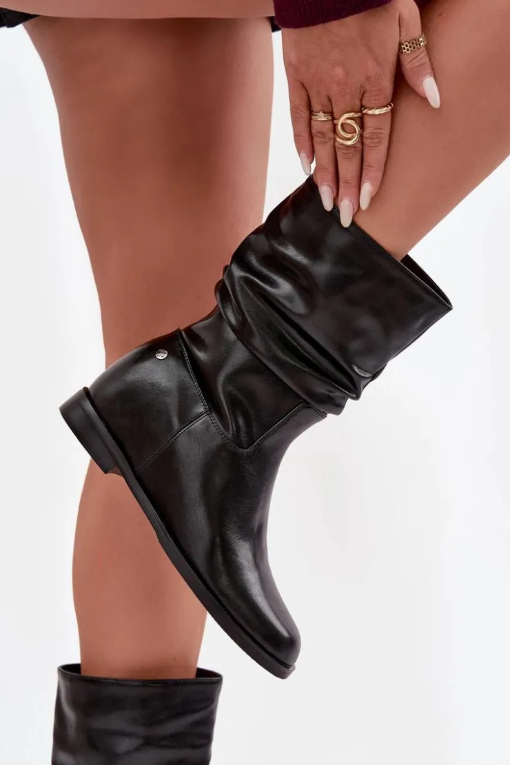 Maciejka Skórzane Botki Damskie Z Marszczeniem Ocieplane K7211-01 Czarne Czarny