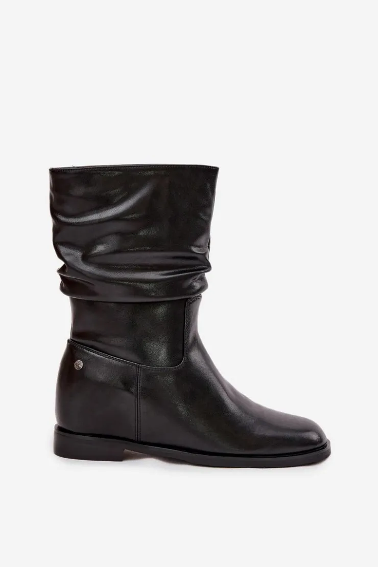 Maciejka Skórzane Botki Damskie Z Marszczeniem Ocieplane K7211-01 Czarne Czarny