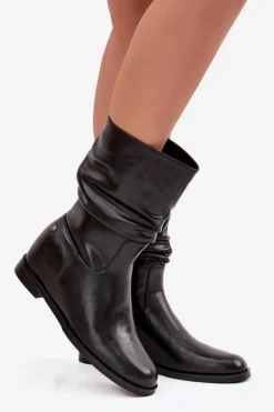 Maciejka Skórzane Botki Damskie Z Marszczeniem Ocieplane K7211-01 Czarne Czarny