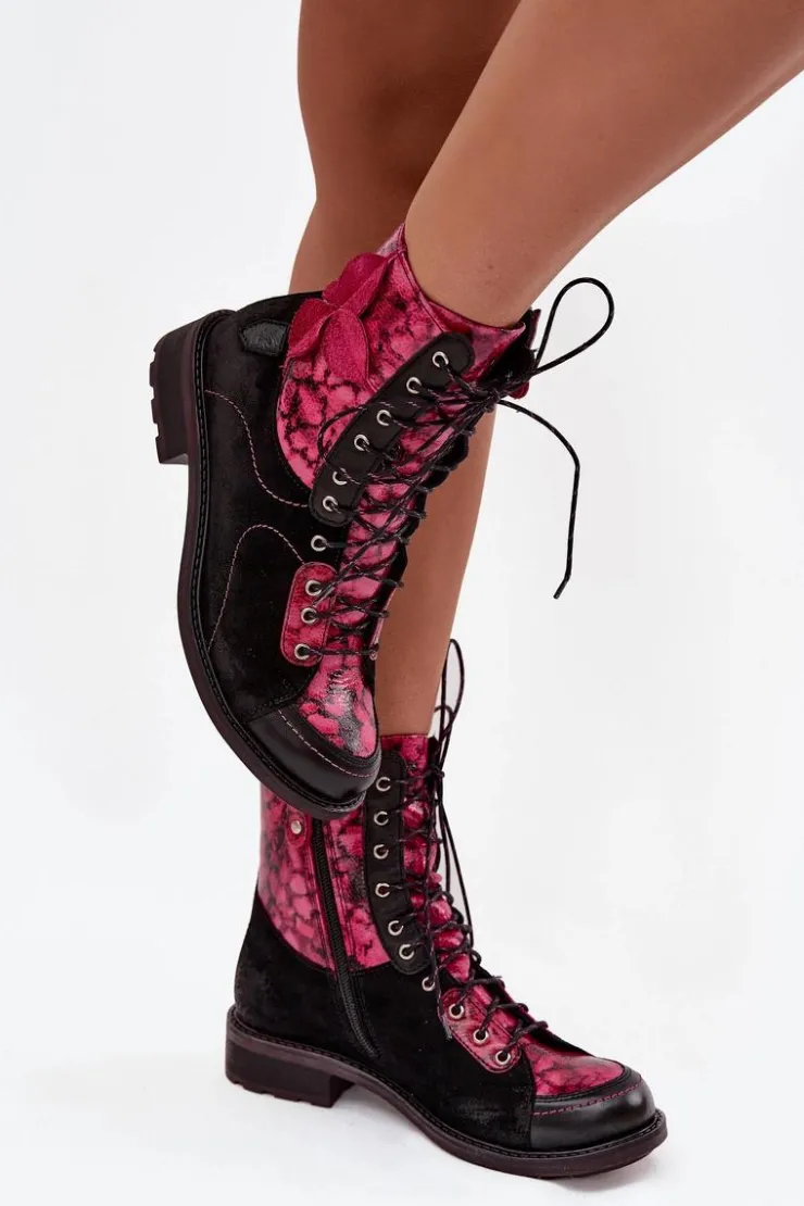 Damskie Maciejka Skórzane Botki Damskie Z Naturalnej Skóry Na Płaskim Obcasie 07004-23 Czarno-Różowe