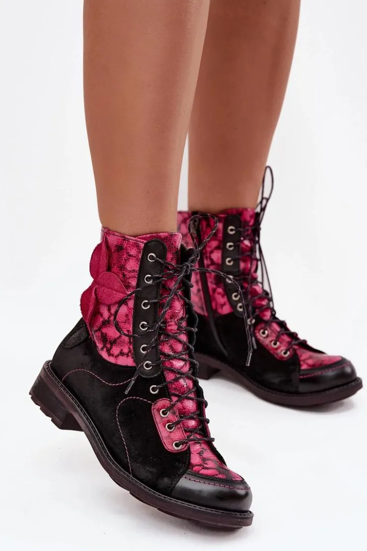 Damskie Maciejka Skórzane Botki Damskie Z Naturalnej Skóry Na Płaskim Obcasie 07004-23 Czarno-Różowe