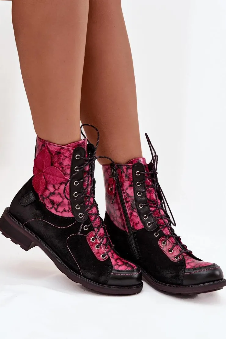 Damskie Maciejka Skórzane Botki Damskie Z Naturalnej Skóry Na Płaskim Obcasie 07004-23 Czarno-Różowe
