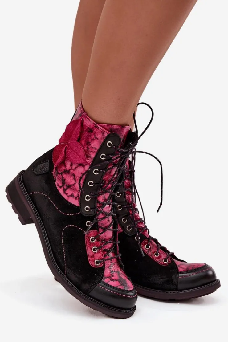 Damskie Maciejka Skórzane Botki Damskie Z Naturalnej Skóry Na Płaskim Obcasie 07004-23 Czarno-Różowe