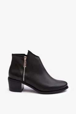 Clearance Boto Skórzane Botki Damskie Z Niską Cholewką Na Słupku Z Suwakami Czarne Annaja