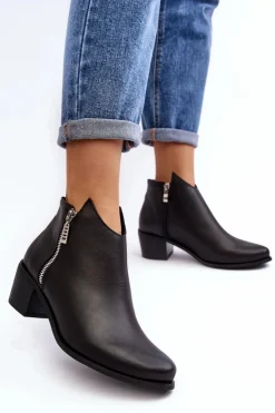 Clearance Boto Skórzane Botki Damskie Z Niską Cholewką Na Słupku Z Suwakami Czarne Annaja