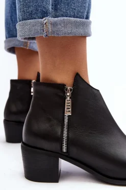 Clearance Boto Skórzane Botki Damskie Z Niską Cholewką Na Słupku Z Suwakami Czarne Annaja