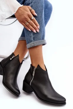 Clearance Boto Skórzane Botki Damskie Z Niską Cholewką Na Słupku Z Suwakami Czarne Annaja