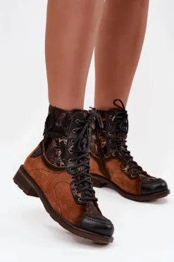 Discount Maciejka Skórzane Botki Damskie Z Naturalnej Skóry Na Płaskim Obcasie 07004-29 Camel