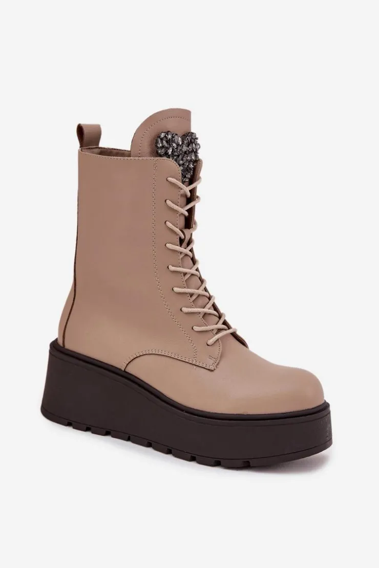 Boto Botki Ocieplane|Botki Skórzane*Skórzane Botki Damskie Z Ozdobą Ocieplane Beżowe Ulrika Beżowy