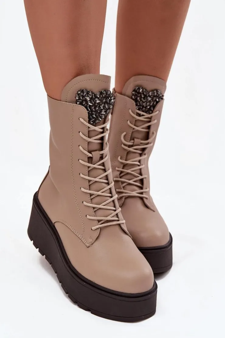 Boto Botki Ocieplane|Botki Skórzane*Skórzane Botki Damskie Z Ozdobą Ocieplane Beżowe Ulrika Beżowy