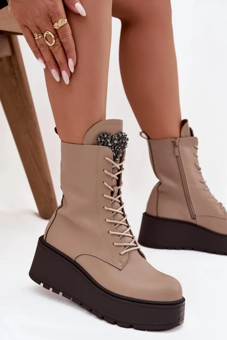 Boto Botki Ocieplane|Botki Skórzane*Skórzane Botki Damskie Z Ozdobą Ocieplane Beżowe Ulrika Beżowy