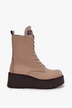 Boto Botki Ocieplane|Botki Skórzane*Skórzane Botki Damskie Z Ozdobą Ocieplane Beżowe Ulrika Beżowy