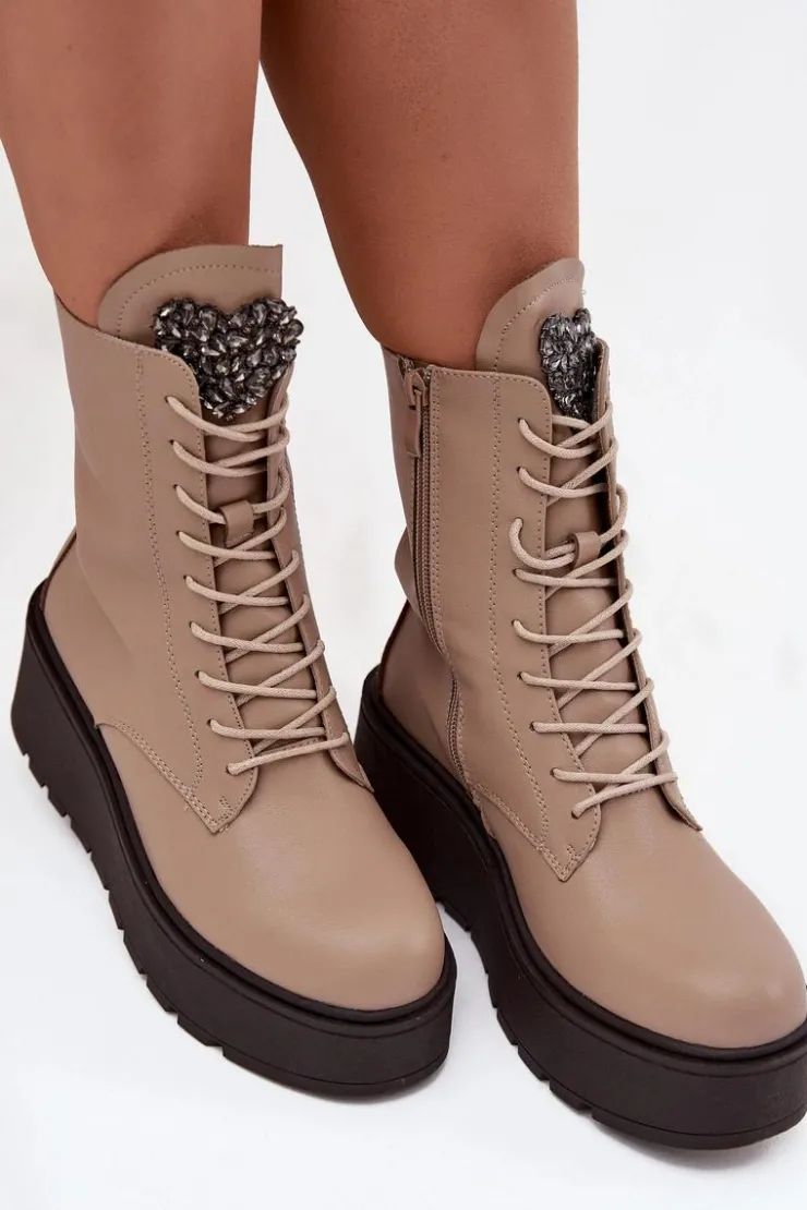 Boto Botki Ocieplane|Botki Skórzane*Skórzane Botki Damskie Z Ozdobą Ocieplane Beżowe Ulrika Beżowy