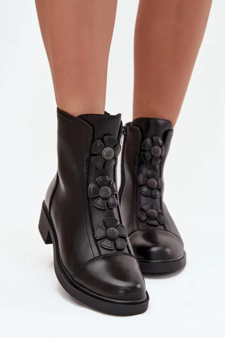 Boto Botki Ocieplane|Czarne Botki*Skórzane Botki Damskie Z Ozdobnymi Kwiatkami Ocieplane Czarne Belverine Czarny