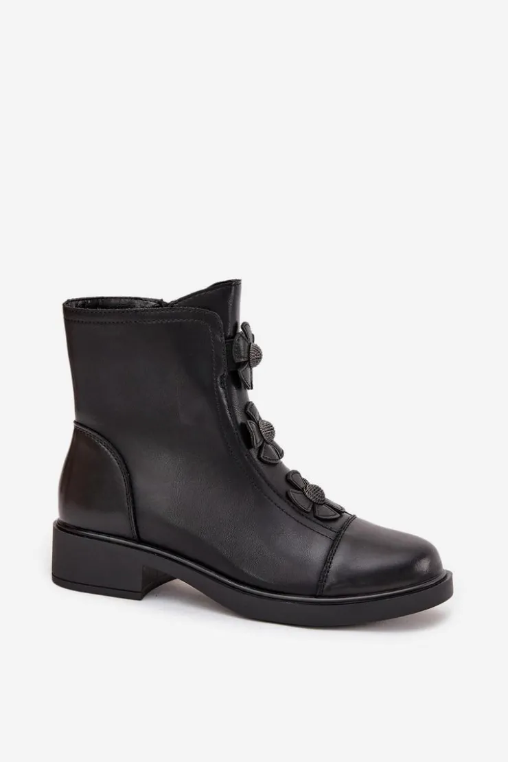 Boto Botki Ocieplane|Czarne Botki*Skórzane Botki Damskie Z Ozdobnymi Kwiatkami Ocieplane Czarne Belverine Czarny